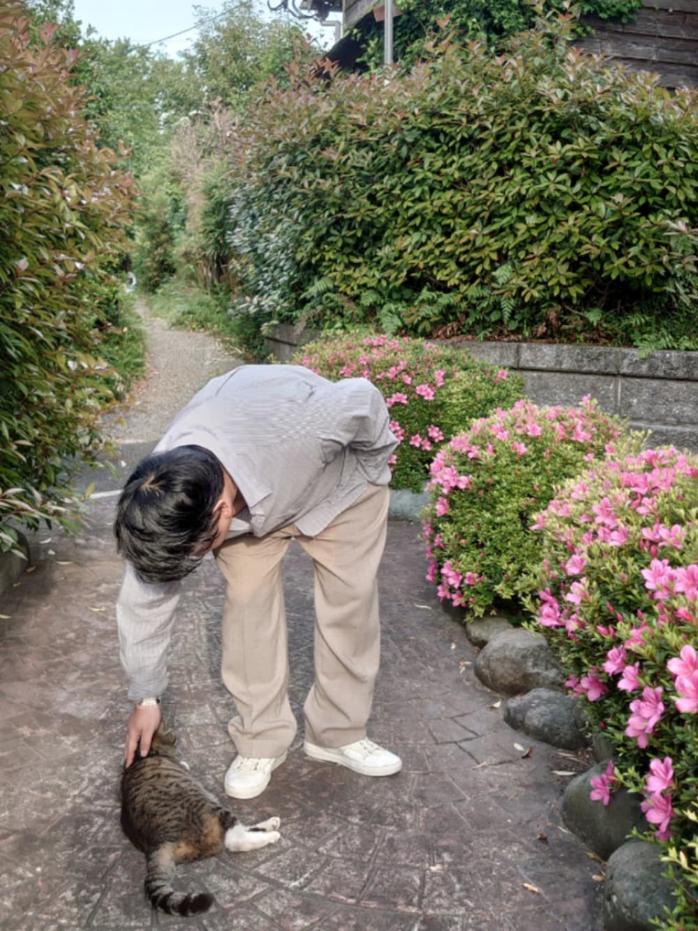 ブルー系のシャツ/ブラウス、ベージュ系のスラックス、ホワイト系のスニーカーを着用したメンズの春コーディネートの3枚目の写真