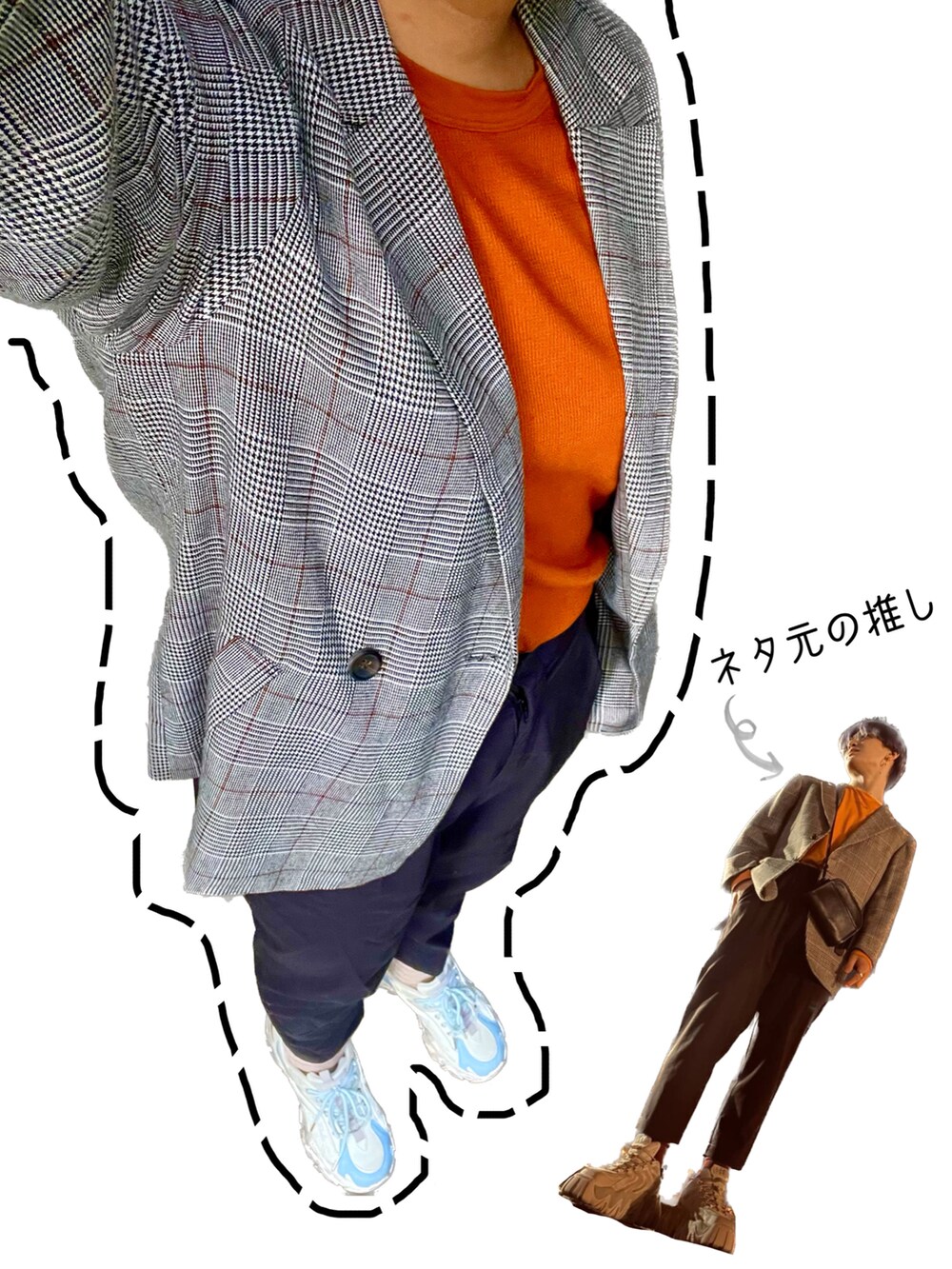 「秋のコーデ、大人コーデ、パンツスタイル、ジャケット、オレンジ、かぼちゃ色、WEARハロウィン2022」｜「GeeRAの先染め柄ダブルテーラージャケット（テーラードジャケット、グレー系）」を使った、うっちきちーちゃんさん（レディース・164cm）の秋コーディネートの2枚目の写真