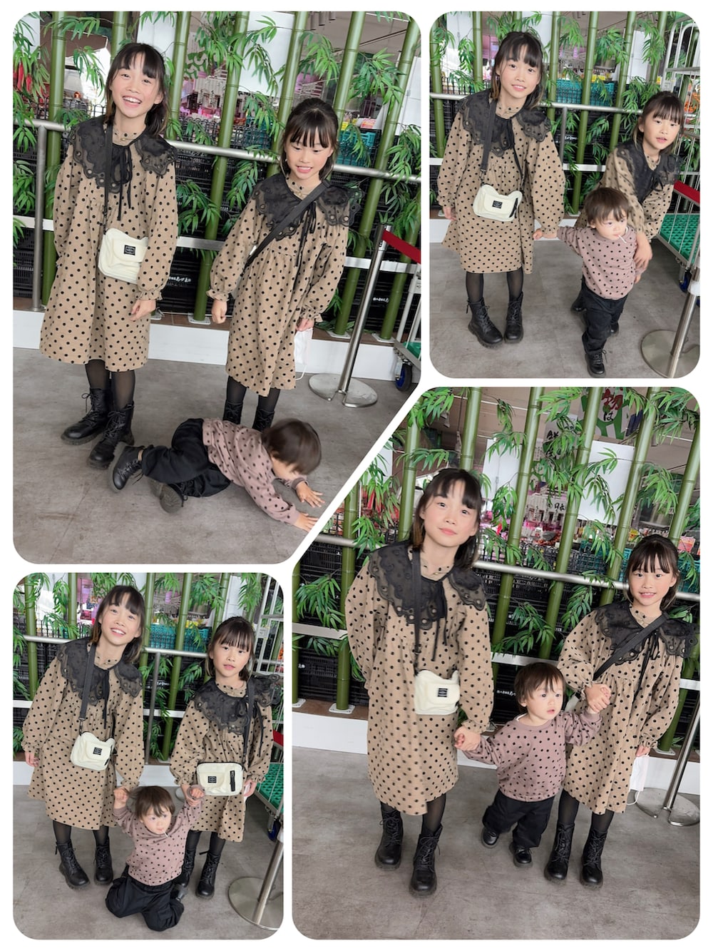 ブラウン系のワンピース、ブラウン系のスウェット、ブラック系のブーツを着用したキッズの冬コーディネートの3枚目の写真