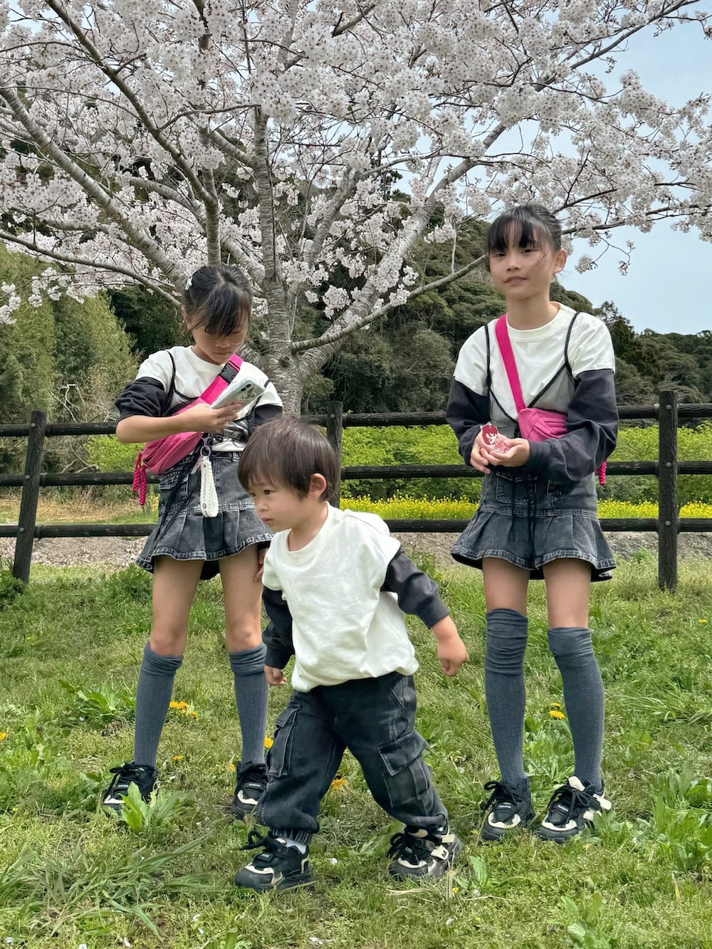 グレー系のTシャツ/カットソー、ブラック系のデニムスカート、ブラック系のスニーカーを着用したキッズの春コーディネートの3枚目の写真