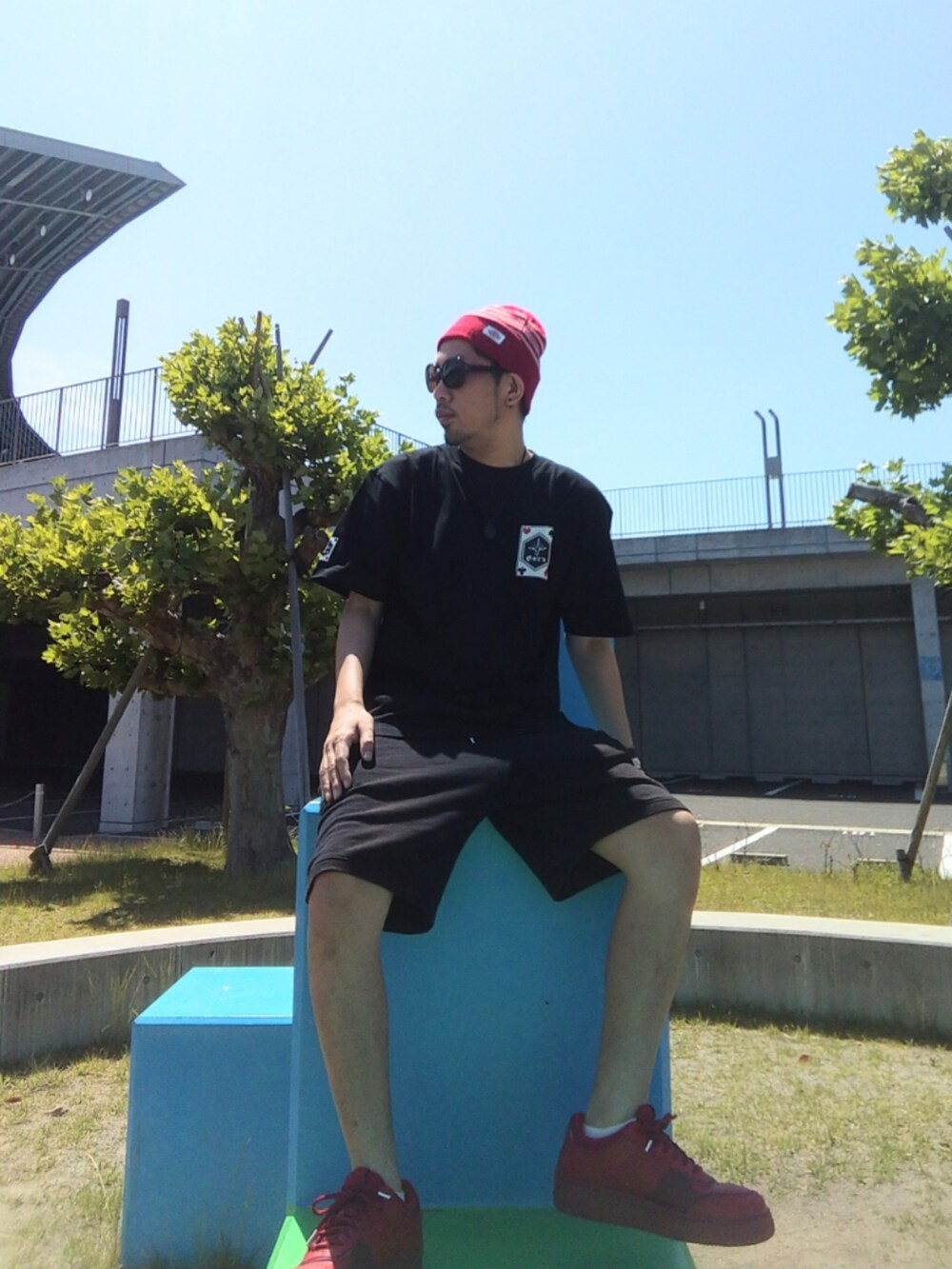 ブラック系のTシャツ/カットソー、ブラック系のその他パンツ、レッド系のスニーカーを着用したメンズの夏コーディネートの2枚目の写真