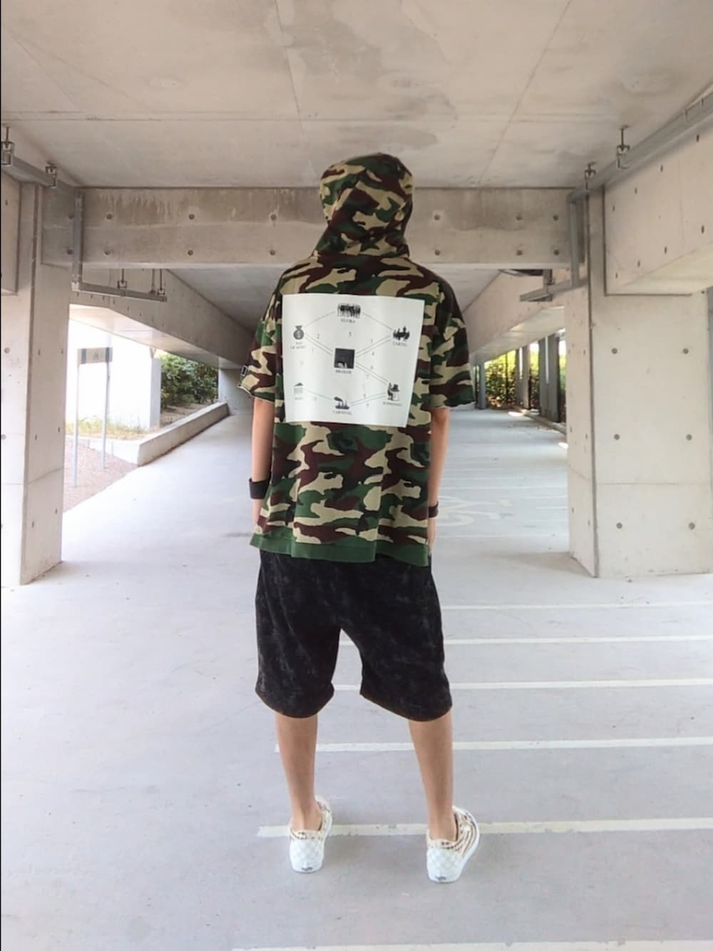 その他のパーカー、ブラック系のパンツ、その他のスニーカーを着用したメンズの夏コーディネートの3枚目の写真