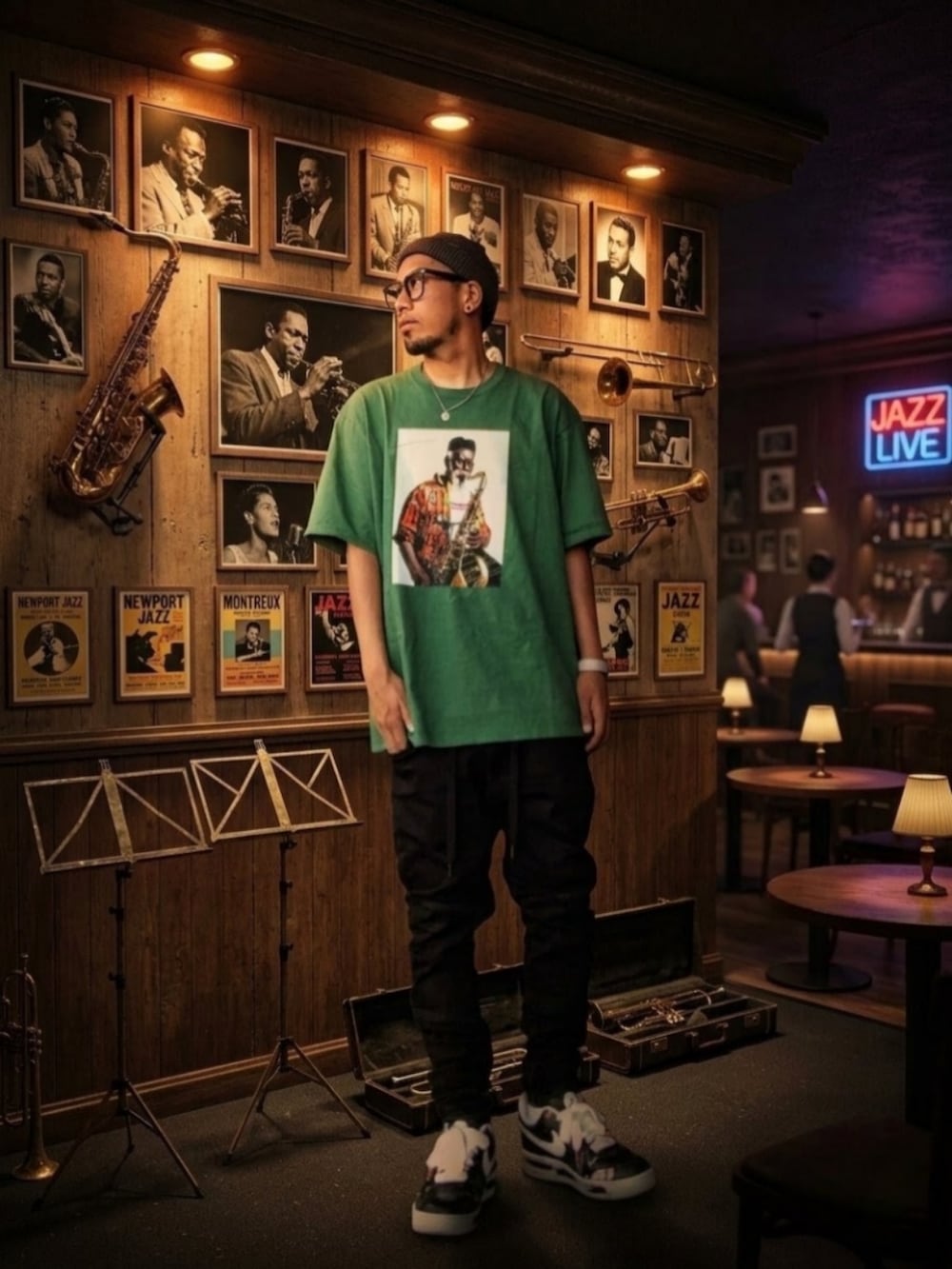 グリーン系のTシャツ/カットソー、ブラック系のデニムパンツ、ブラック系のスニーカーを着用したメンズの秋コーディネートの2枚目の写真