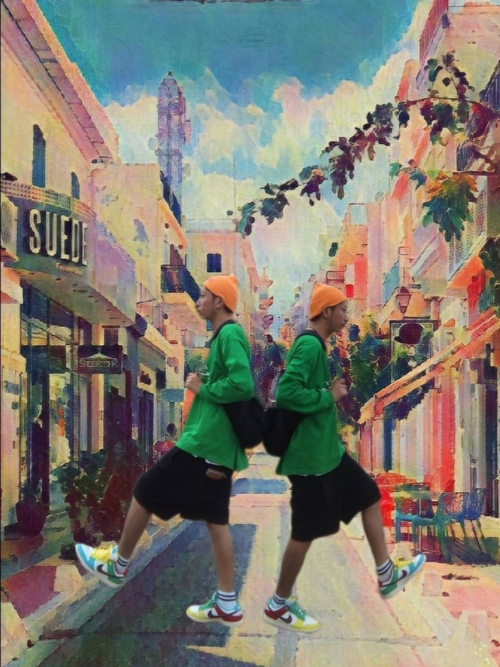 グリーン系のTシャツ/カットソー、ブラック系のバックパック/リュック、ホワイト系のトップスを着用したメンズの秋コーディネートの2枚目の写真