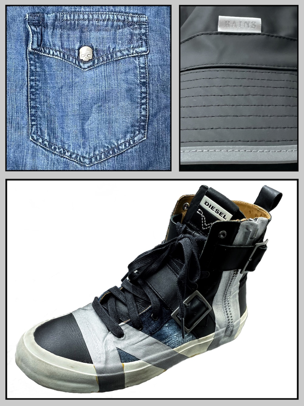 「秋のコーデ、ストリート、Diesel、デニムシャツ、コーチジャケット、ハイカットスニーカー、クラッシュデニム、DSQUARED2、バケットハット、モノトーンに差し色、フューチャリスティック、STOP 誹謗中傷」|「DSQUARED2のTIDY BIKER JEAN S71LB0530 S30260 (46)(デニムパンツ、グレー系)」を使った、YUKIさん(メンズ・168cm)の秋コーディネートの2枚目の写真