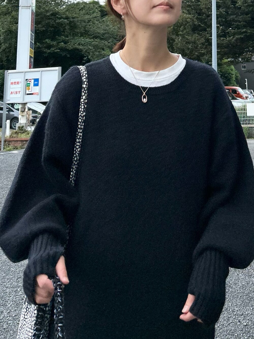ブラック系のワンピース、グリーン系のショルダーバッグ、シルバー系のスニーカーを着用したレディースの秋コーディネートの3枚目の写真