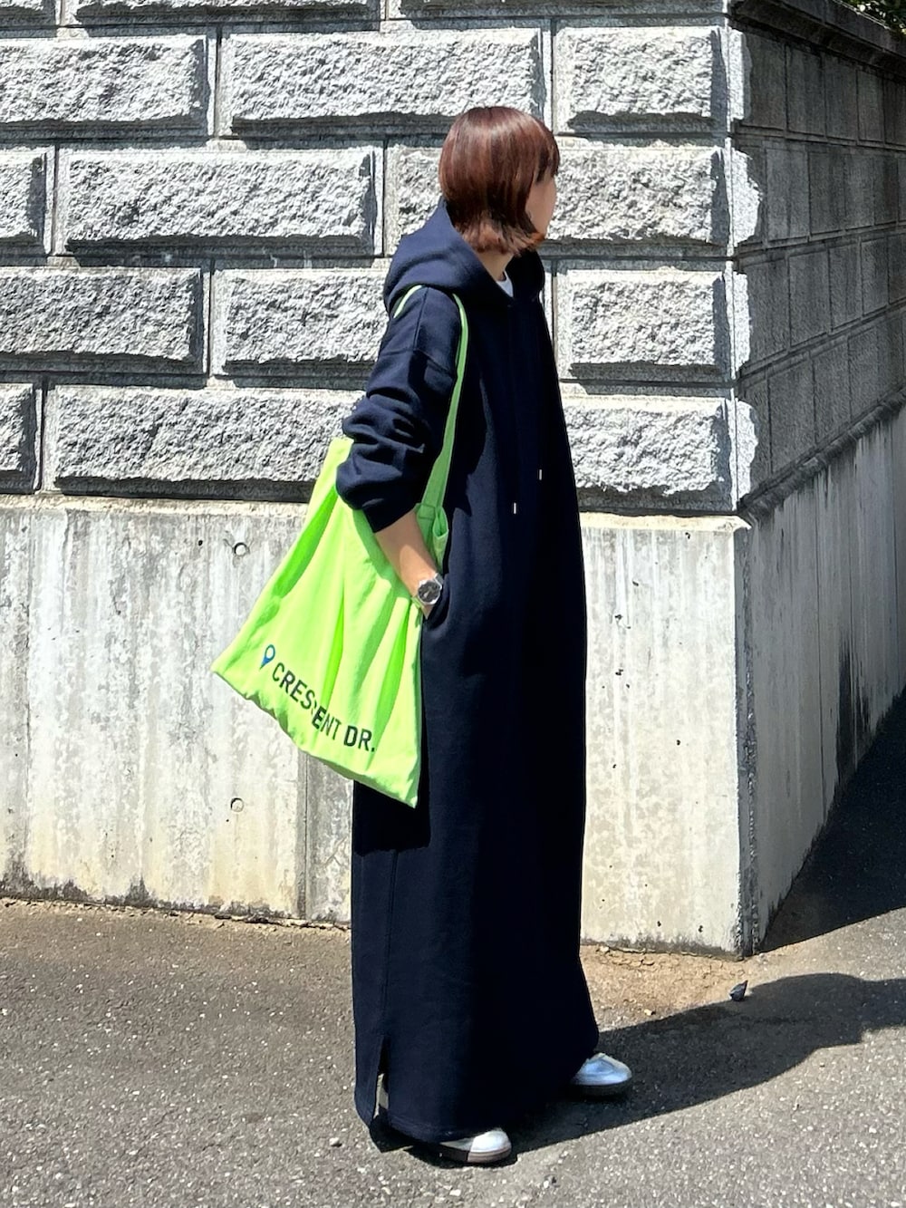 ブルー系のワンピース、グリーン系のトートバッグ、シルバー系のスニーカーを着用したレディースの秋コーディネートの5枚目の写真
