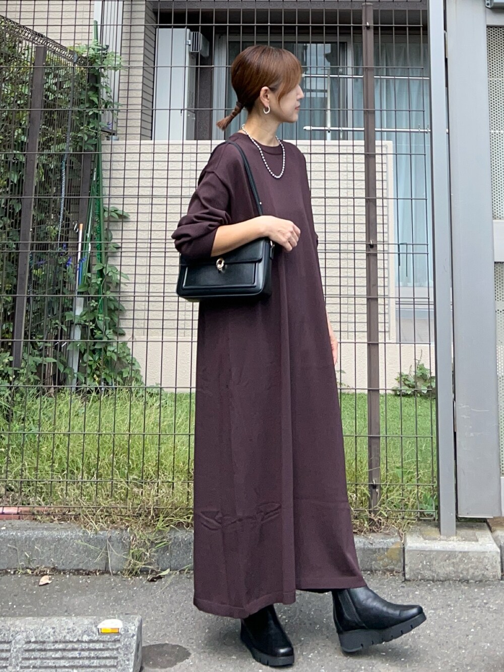 ブラウン系のワンピース、ブラック系のハンドバッグ、ブラック系のシューズを着用したレディースの秋コーディネートの3枚目の写真