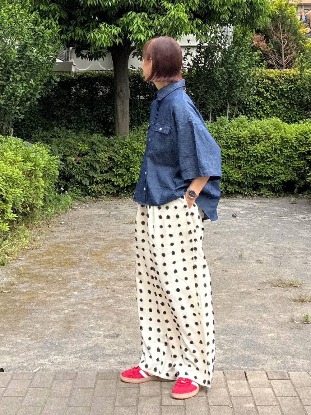ブルー系のシャツ/ブラウス、ホワイト系のその他パンツ、シルバー系のショルダーバッグを着用したレディースの春コーディネートの2枚目の写真