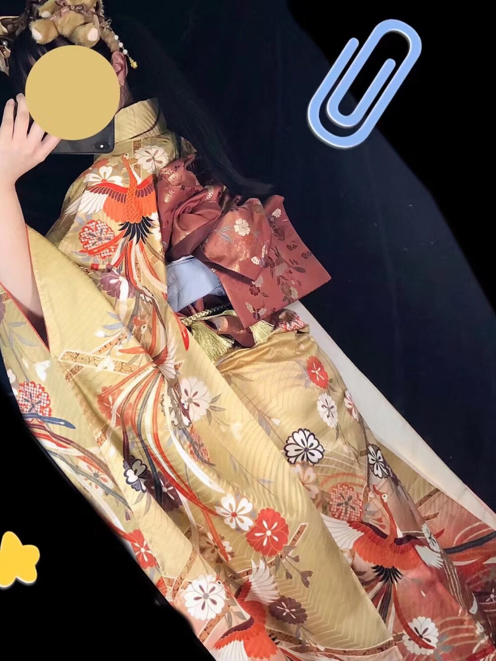 「女の子、女の子コーデ、低身長、低身長コーデ、ひな祭り、spring、春コーデ、春、古着MIX、着物、和装、和服、kimono、着物コーデ、和洋折衷」｜「VINTAGEのアイテム（着物、イエロー系）」を使った、Wakakoさん（レディース・158cm）の春コーディネートの2枚目の写真