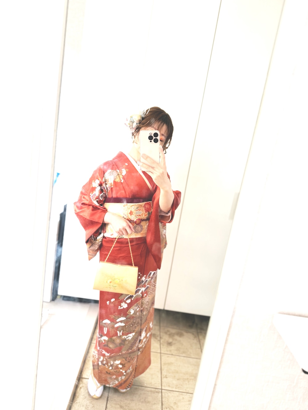 「きもの、卒業式、大人女子、アラフォー、ママコーデ、低身長、いいね、save、フォローお願いします🤑、おしゃれさんと繋がりたい」｜「着物のアイテム（その他、オレンジ系）」を使った、Mickeyさん（レディース・154cm）の春コーディネートの2枚目の写真