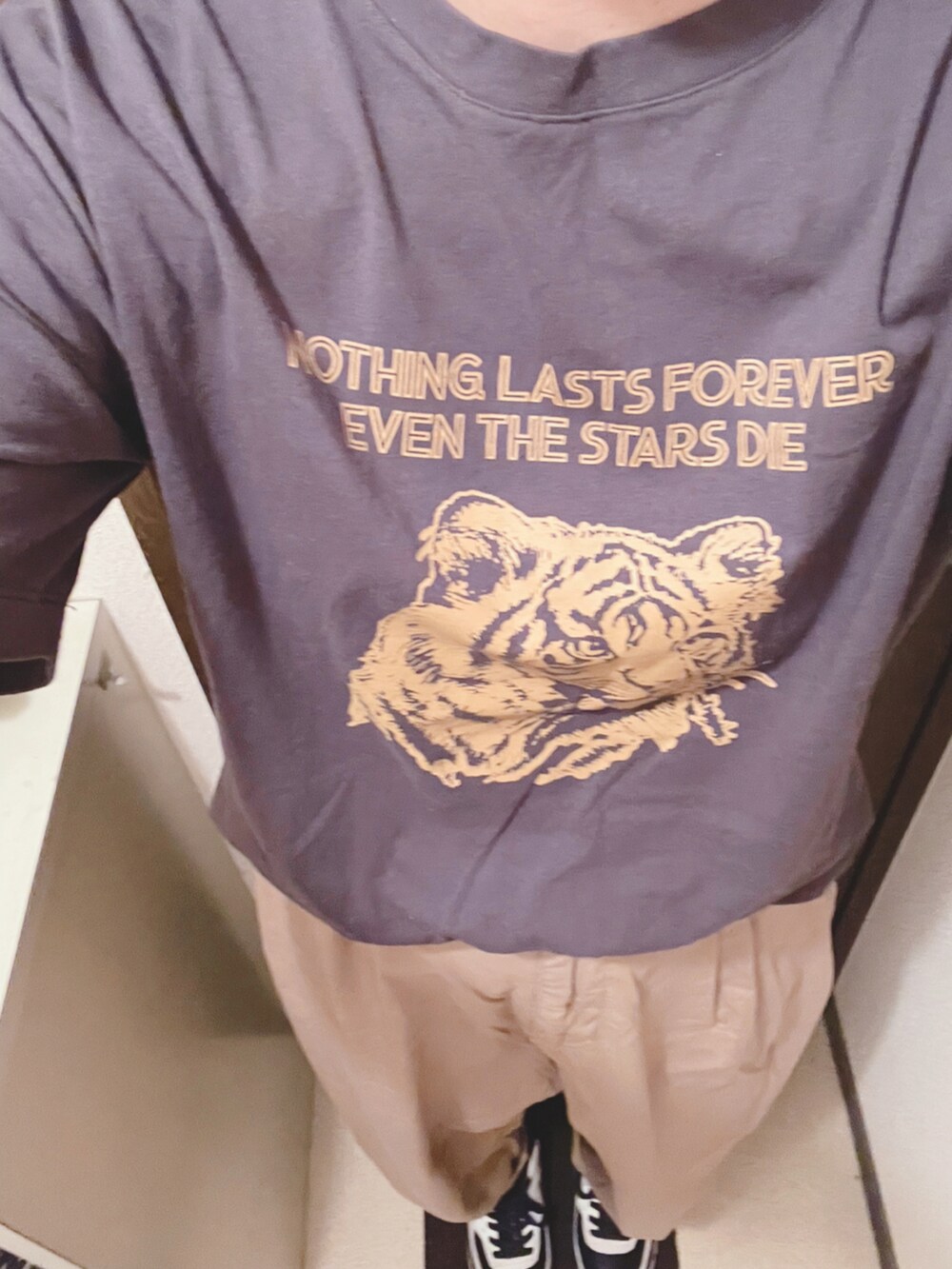 グレー系のTシャツ/カットソー、ベージュ系のその他パンツ、ブラック系のスニーカーを着用したレディースの夏コーディネートの4枚目の写真