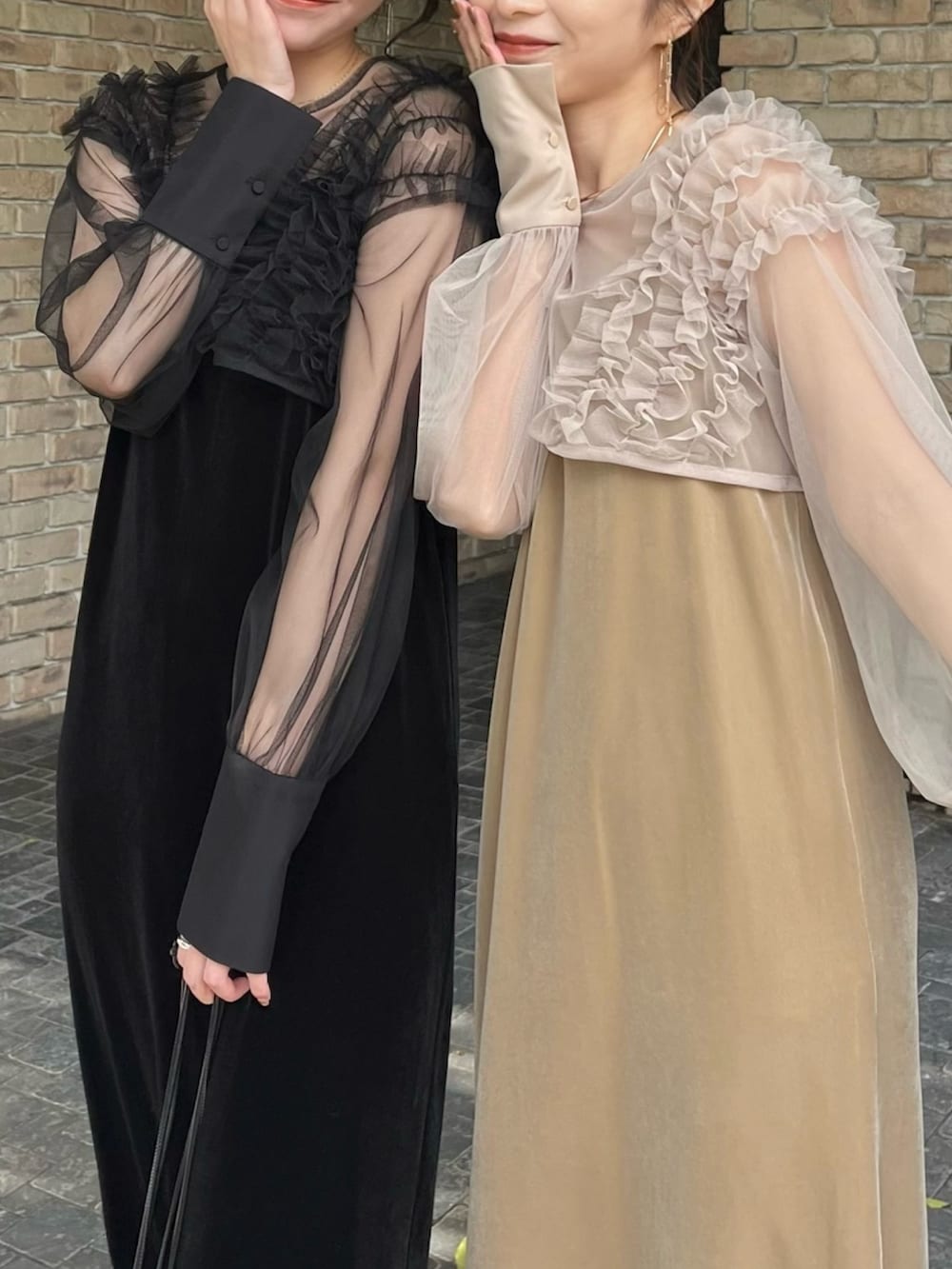 「30代コーデ、フリル、ベージュコーデ、オケージョン、オケージョンスタイル、オケージョンワンピース、結婚式、お呼ばれスタイル、ワンピース、ワンピーススタイル、チュール、ベロアワンピース、骨格ウェーブ」｜「CAPRICIEUX LE'MAGEの【オケージョン】【サイズ展開あり】チュールフリルベロアワンピース（ワンピース、ベージュ系）」を使った、shioさん（レディース・156cm）の春コーディネートの6枚目の写真