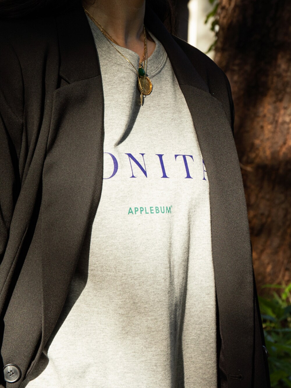 グレー系のTシャツ/カットソーを着用したレディースの春コーディネートの2枚目の写真