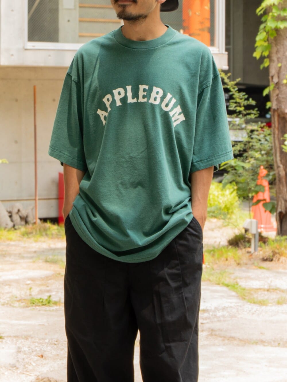 グリーン系のTシャツ/カットソーを着用したメンズの夏コーディネートの2枚目の写真