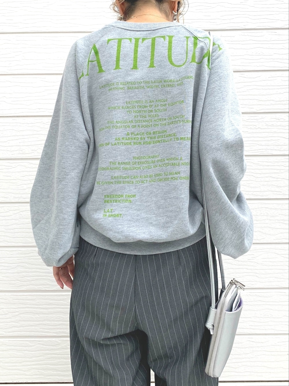 グレー系のその他パンツ、シルバー系のショルダーバッグ、グレー系のスウェットを着用したレディースの秋コーディネートの3枚目の写真