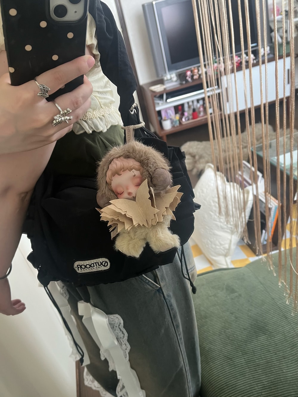 「ボレロ、フェアリーコア、レースパンツ、リボンパンツ、デニム、フリル、アースカラー、カーキ、古着、リメイク、スカルパンダ、森ガール、シルバーアクセサリー、リボン、レース」｜「リメイク品のアイテム（デニムパンツ、ブルー系）」を使った、harukaさん（レディース・156cm）の夏コーディネートの2枚目の写真