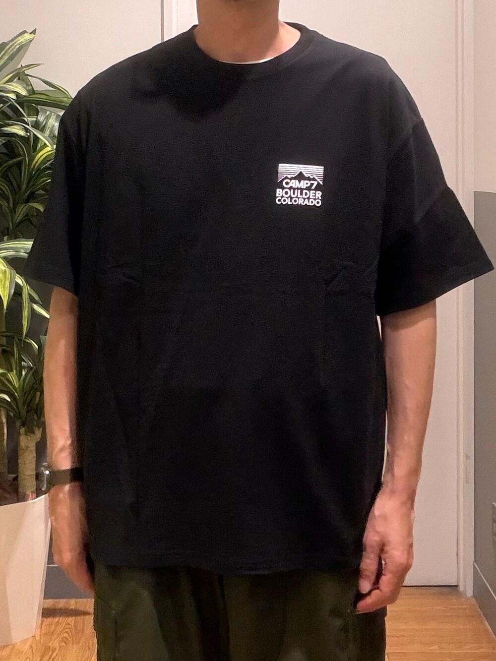 グリーン系のその他パンツ、ブラック系のTシャツ/カットソーを着用したメンズの夏コーディネートの4枚目の写真