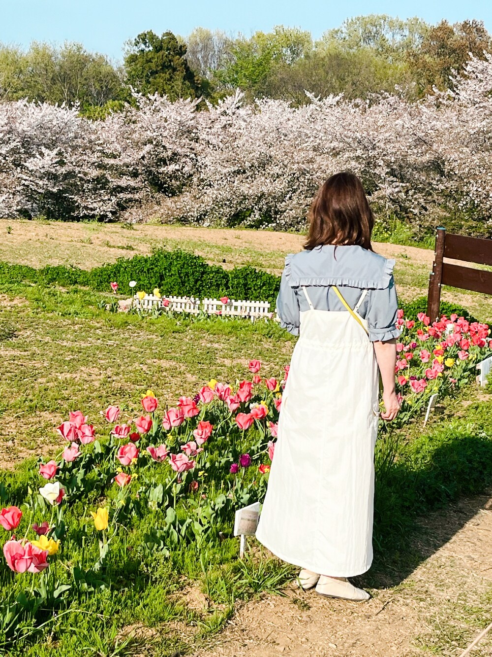 イエロー系のハンドバッグ、グレー系のシャツ/ブラウス、ベージュ系のサンダルを着用したレディースの春コーディネートの2枚目の写真