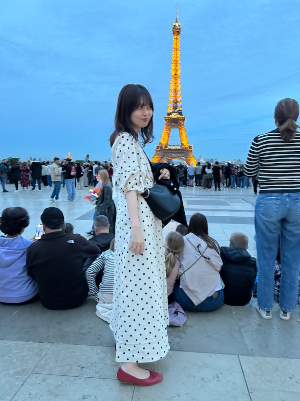 「ワンピース、スタッフコーデ、ドット柄、スタッフセンバツ」｜「natural coutureのお家で洗える/ランタンスリーブワンピース（ワンピース、ブルー系）」を使った、おそのさん（レディース・167cm）の冬コーディネートの2枚目の写真
