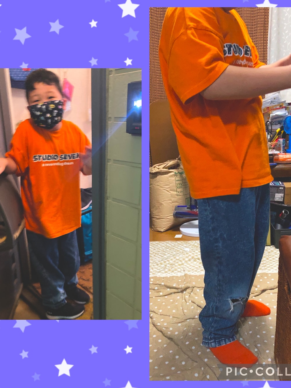 ブルー系のデニムパンツ、オレンジ系のソックス/靴下を着用したキッズの秋コーディネートの2枚目の写真