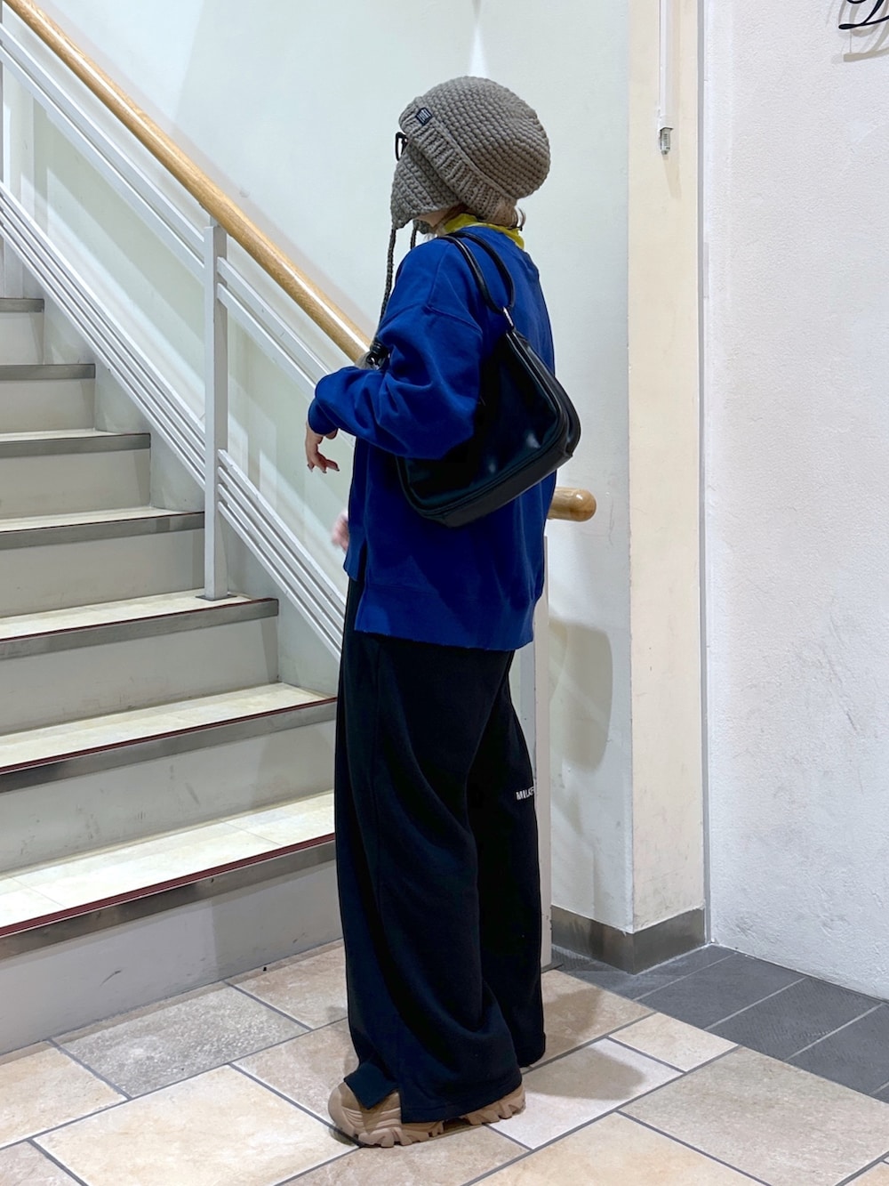 ブラック系のショルダーバッグ、ブルー系のスウェット、ブラック系のスウェットパンツを着用したレディースの秋コーディネートの2枚目の写真