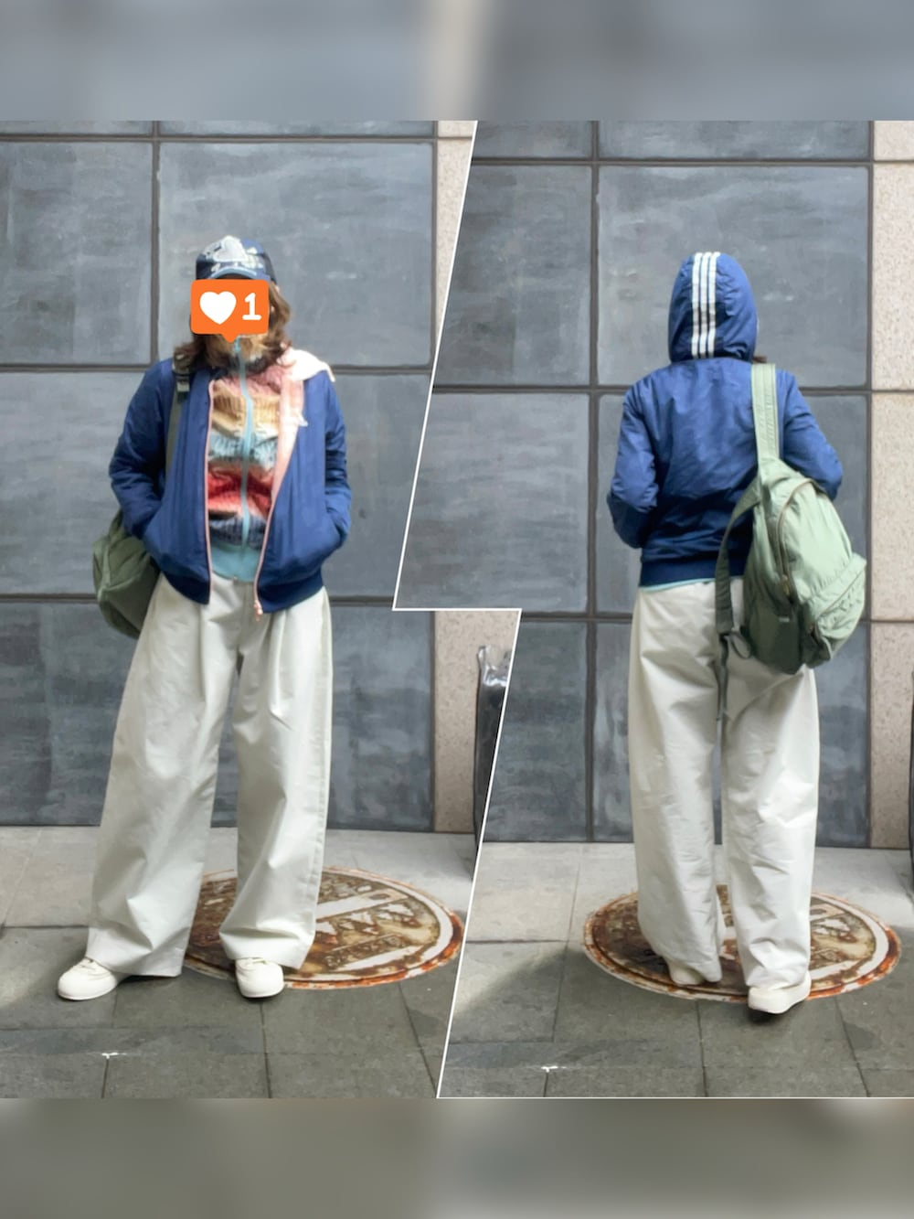 ピンク系のマウンテンパーカー、その他のスタジャン、ベージュ系のチノパンツを着用したレディースの冬コーディネートの2枚目の写真