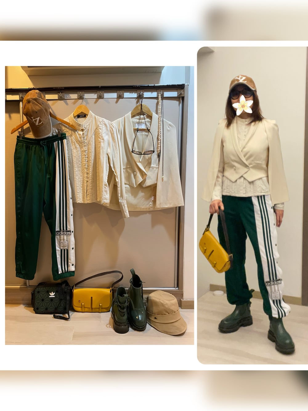 ベージュ系のステンカラーコート、グリーン系のチノパンツ、イエロー系のショルダーバッグを着用したレディースの春コーディネートの2枚目の写真