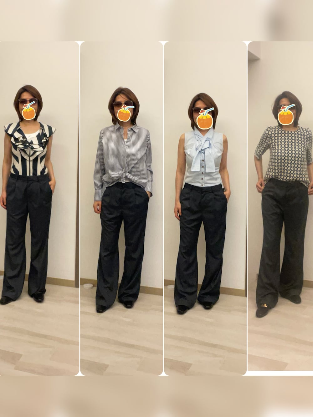 ブルー系のシャツ/ブラウス、ブルー系のスラックス、ブラック系のパンプスを着用したレディースの夏コーディネートの4枚目の写真