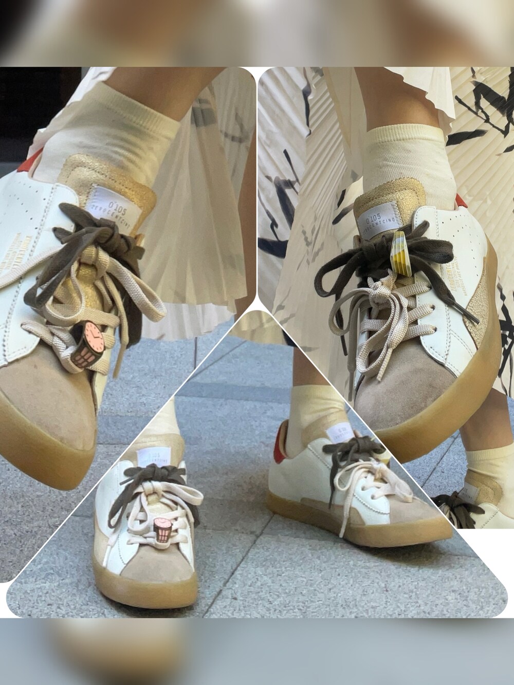 ホワイト系のスニーカー、グリーン系のTシャツ/カットソー、ベージュ系のスカートを着用したレディースの夏コーディネートの5枚目の写真