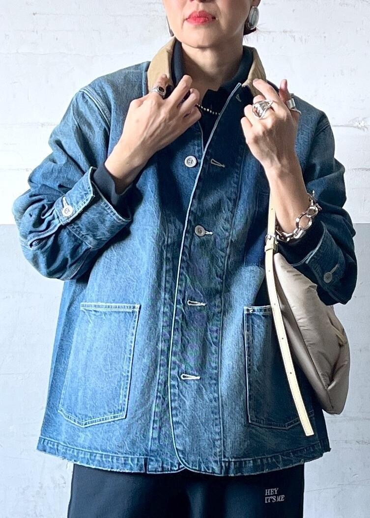 「春コーデ、セットアップ、ADAM ET ROPÉ、ナチュラル、イエベ秋、乾燥、高身長、トップス、スウェット、ジャケット/アウター、デニムジャケット、パンツ、バッグ、ショルダーバッグ、シューズ」｜「ADAM ET ROPE'の【サステナブル】カバーオールデニム（デニムジャケット、ブルー系）」を使った、カワバタさん（レディース・166cm）の冬コーディネートの6枚目の写真