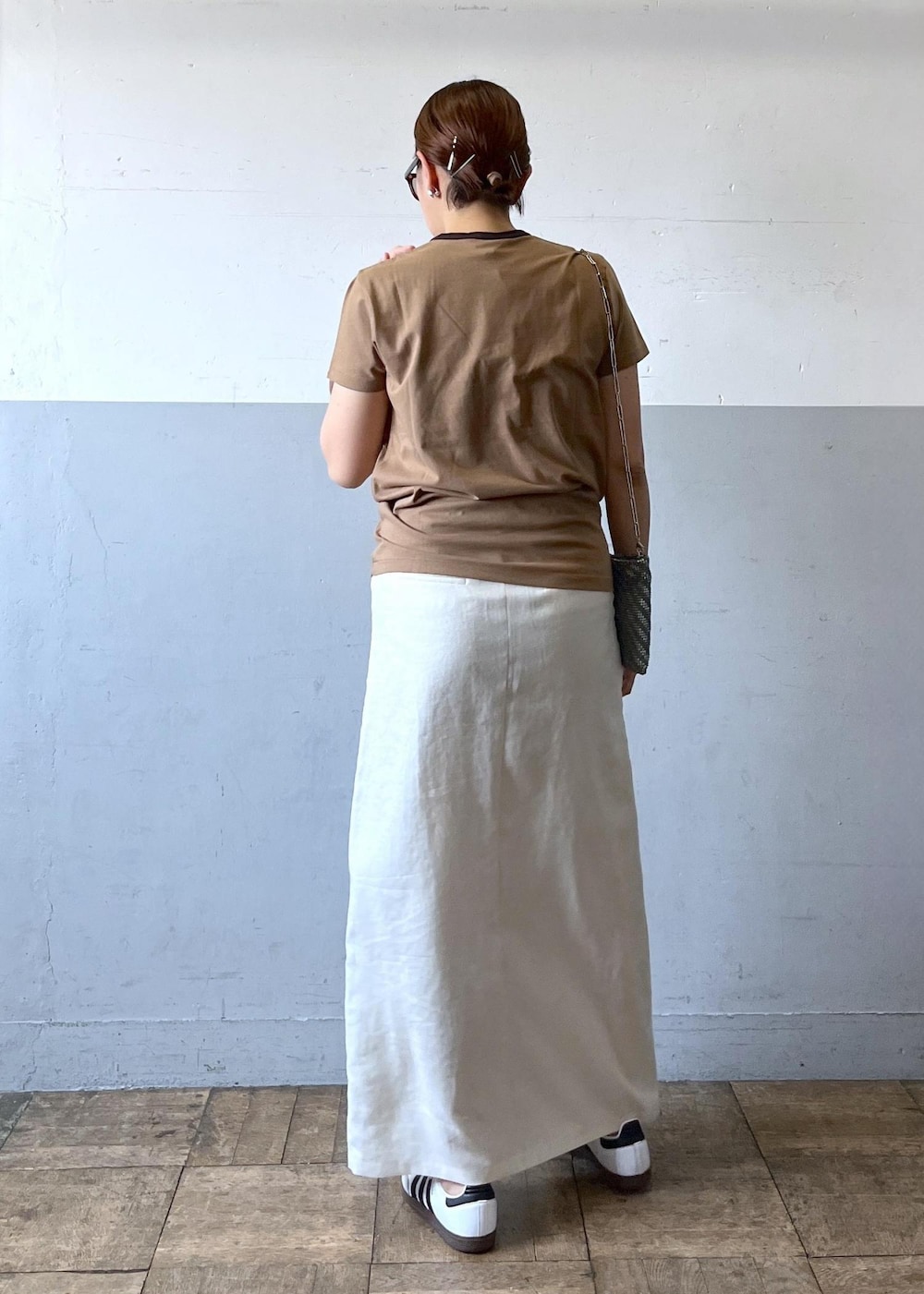 「オブラダ、oblada、リンガーTシャツ、リンガーT、24ss夏の新作、マキシスカート、adidas、サンバ、アディダス、samba、ADAM ET ROPÉ、FEMME、高身長、骨格ナチュラル、イエベ」｜「Obladaの【OBLADA(オブラダ)】RINGER TEE（Tシャツ/カットソー、イエロー系）」を使った、カワバタさん（レディース・166cm）の夏コーディネートの4枚目の写真