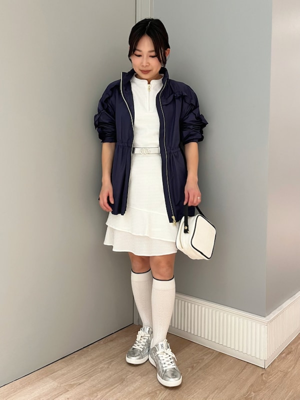 「レース、ワンピース、低身長コーデ、ゴルフ、低身長コーディネート」｜「CELFORDの【CELFORDGOLF】フリルブルゾン（ブルゾン、ブルー系）」を使った、CELFORDさん（レディース・152cm）の春コーディネートの4枚目の写真