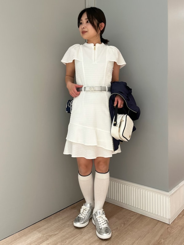 「レース、ワンピース、低身長コーデ、ゴルフ、低身長コーディネート」｜「CELFORDの【CELFORDGOLF】フリルブルゾン（ブルゾン、ブルー系）」を使った、CELFORDさん（レディース・152cm）の春コーディネートの3枚目の写真