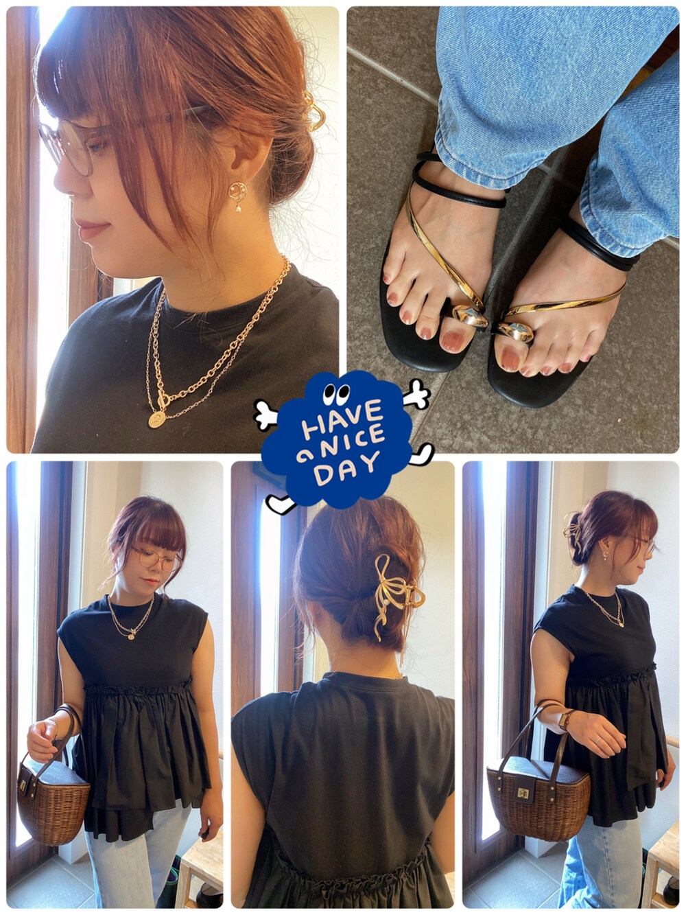 ブルー系のデニムパンツ、ブラック系のTシャツ/カットソー、ブラック系のサンダルを着用したレディースの夏コーディネートの5枚目の写真