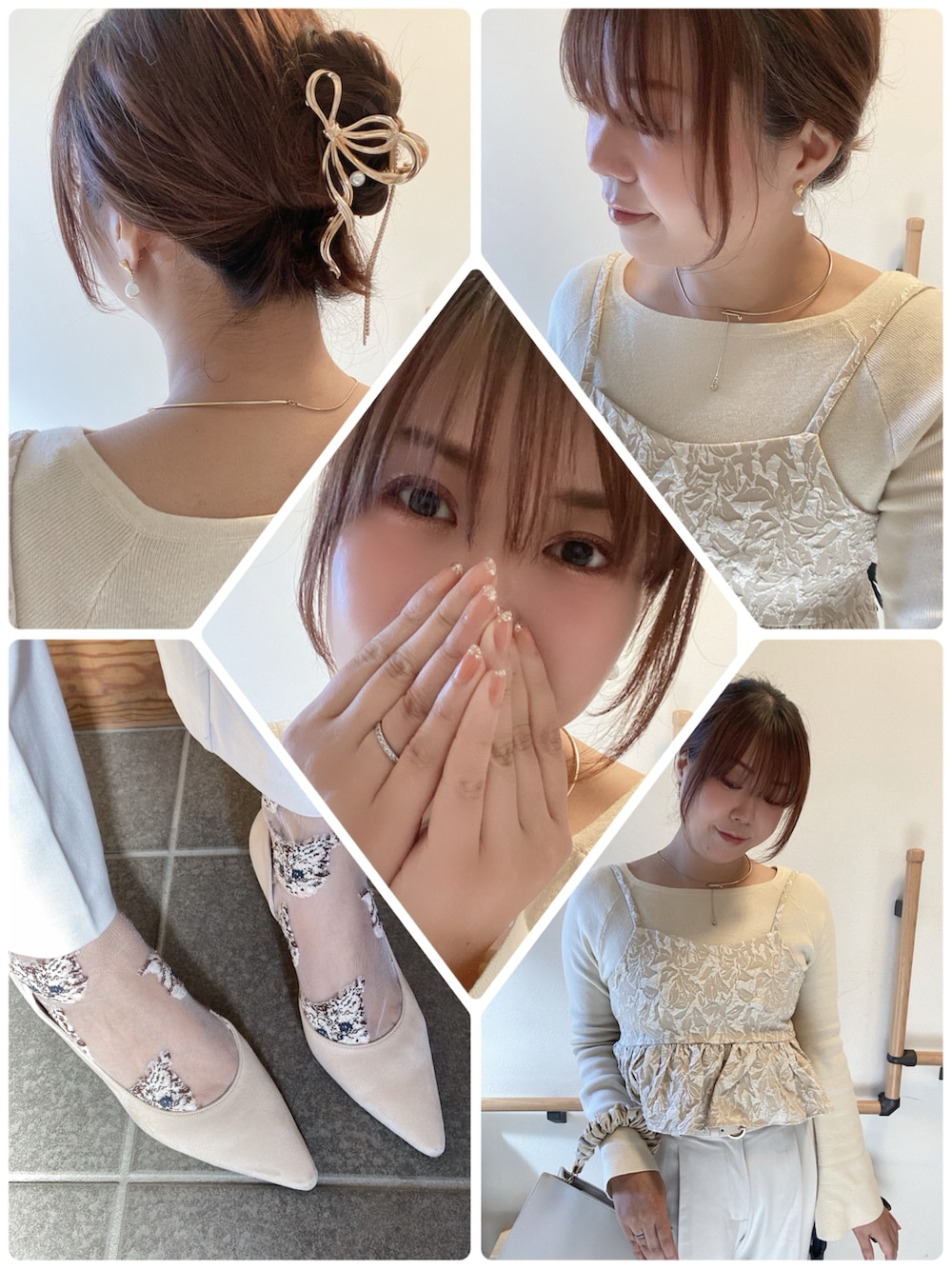 ベージュ系のハンドバッグ、ホワイト系のスラックス、ホワイト系のニット/セーターを着用したレディースの冬コーディネートの5枚目の写真