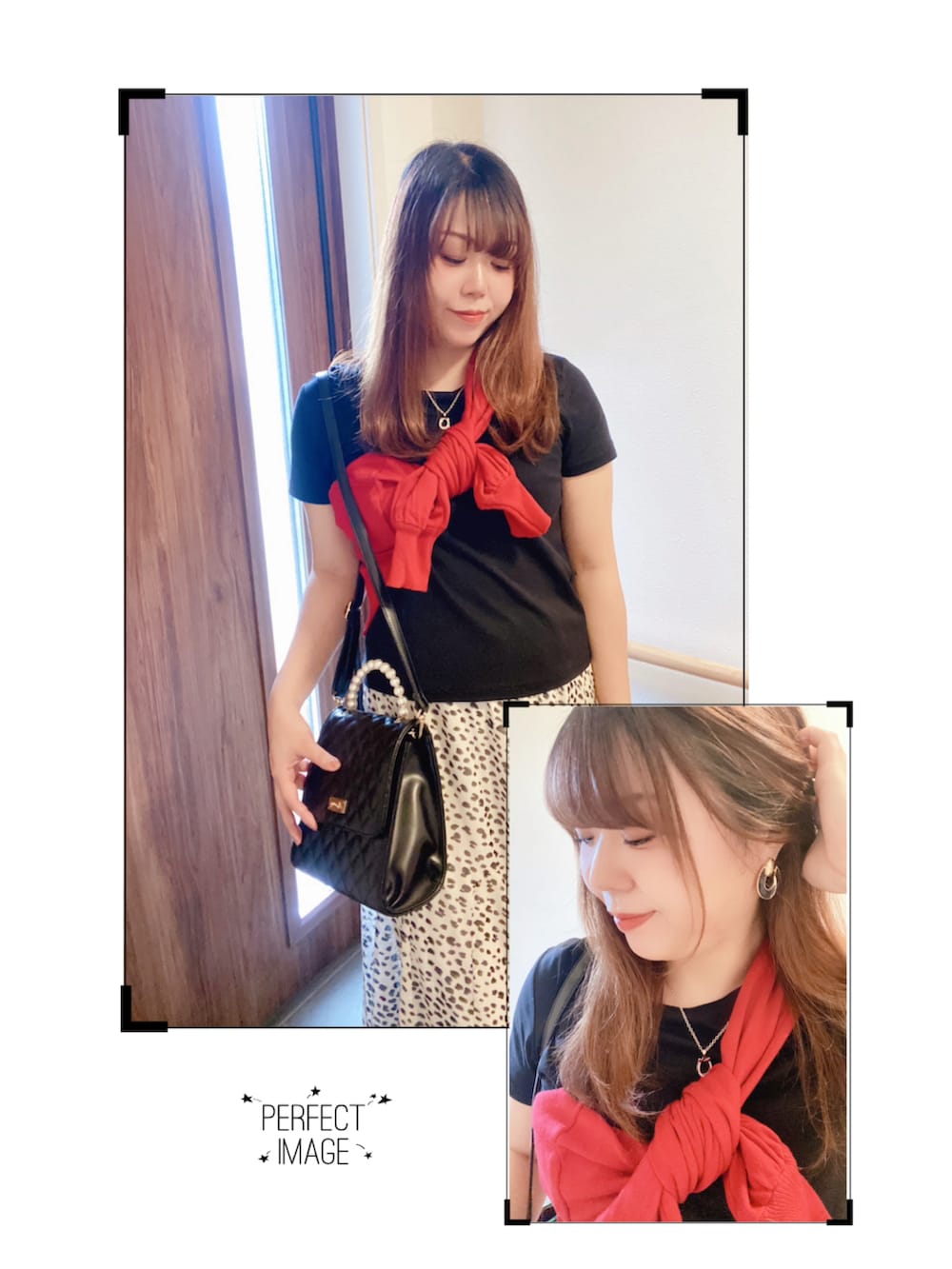 その他のスカート、ブラック系のTシャツ/カットソー、レッド系のカーディガン/ボレロを着用したレディースの秋コーディネートの4枚目の写真