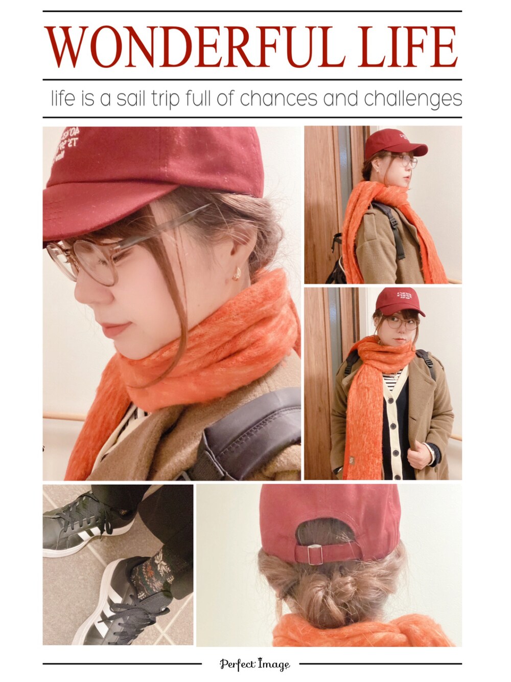 グリーン系のノーカラーコート、ブラック系のスラックス、ブルー系のカーディガン/ボレロを着用したレディースの秋コーディネートの5枚目の写真