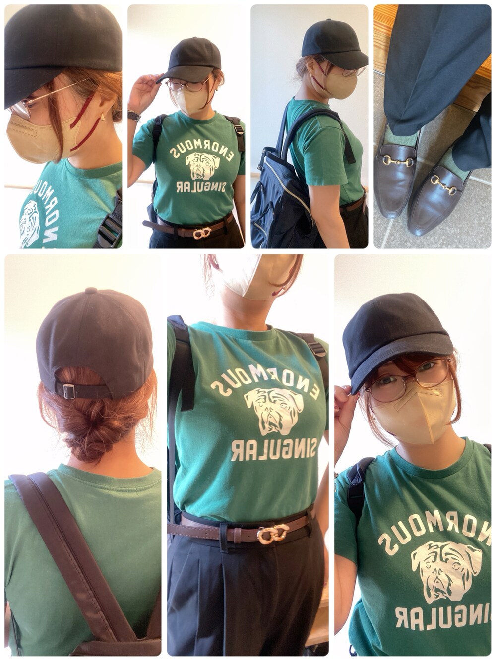 ブラック系のスラックス、グリーン系のTシャツ/カットソー、ブラック系のバックパック/リュックを着用したレディースの春コーディネートの5枚目の写真