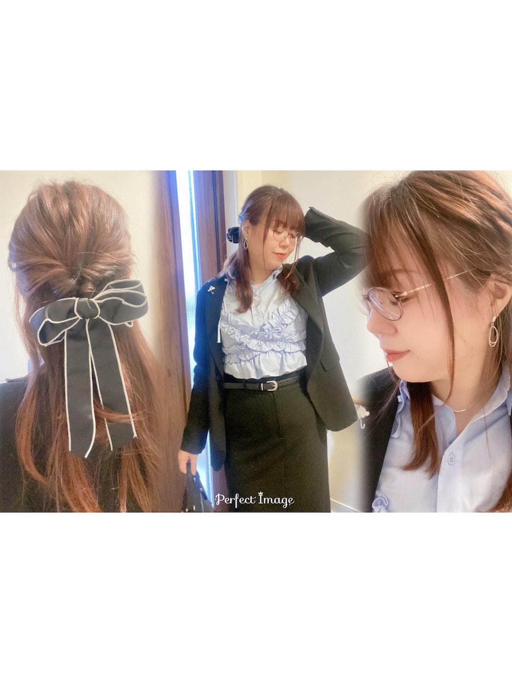 ブラック系のパンプス、ブラック系のハンドバッグ、ブルー系のキャミソールを着用したレディースの春コーディネートの5枚目の写真