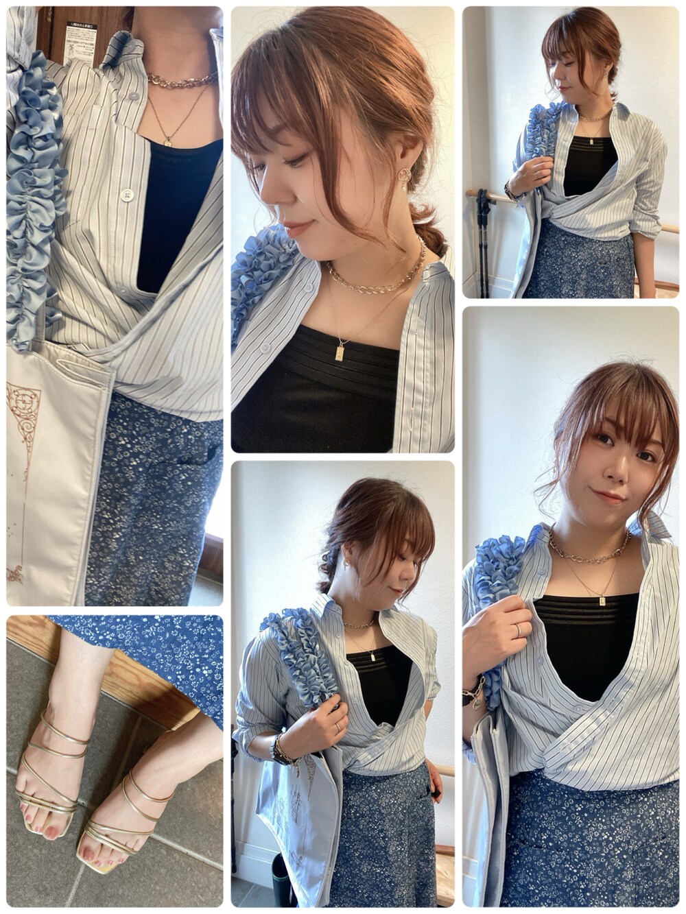 ブルー系のシャツ/ブラウス、ブラック系のキャミソール、ブルー系のデニムスカートを着用したレディースの春コーディネートの3枚目の写真