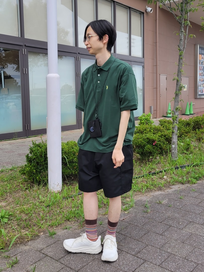 「オトナカジュアル、夏、ファッション好きと繋がりたい、お洒落さんとつながりたい、メガネ男子、スニーカー、カーゴショーツ、ポロシャツ、ハーフパンツ、カーゴパンツ、チャオパニックティピー(CIAOPANIC TYPY)、チャオパニックティピー、ストリート」｜「U.S. POLO ASSN.の【U.S. POLO ASSN】ワンポイント刺繍カノコポロ（ポロシャツ、グリーン系）」を使った、1stripe2kuroさん（メンズ・169cm）の夏コーディネートの2枚目の写真
