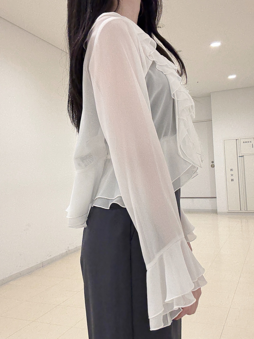 ホワイト系のシャツ/ブラウス、グレー系のその他パンツ、グレー系のパンプスを着用したレディースの夏コーディネートの7枚目の写真