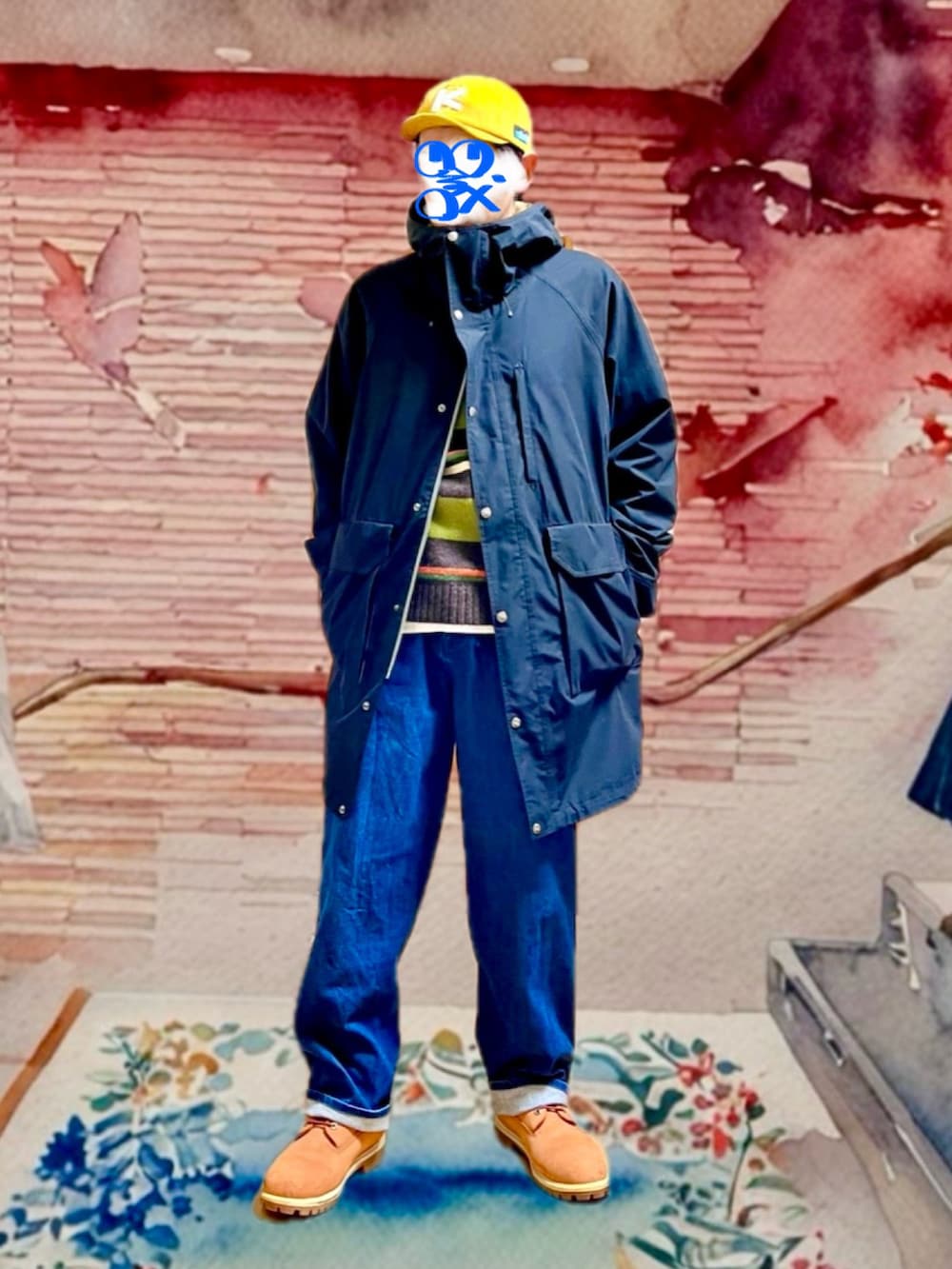 ブラック系のその他アウター、ブルー系のデニムパンツ、その他のニット/セーターを着用したメンズの冬コーディネートの3枚目の写真