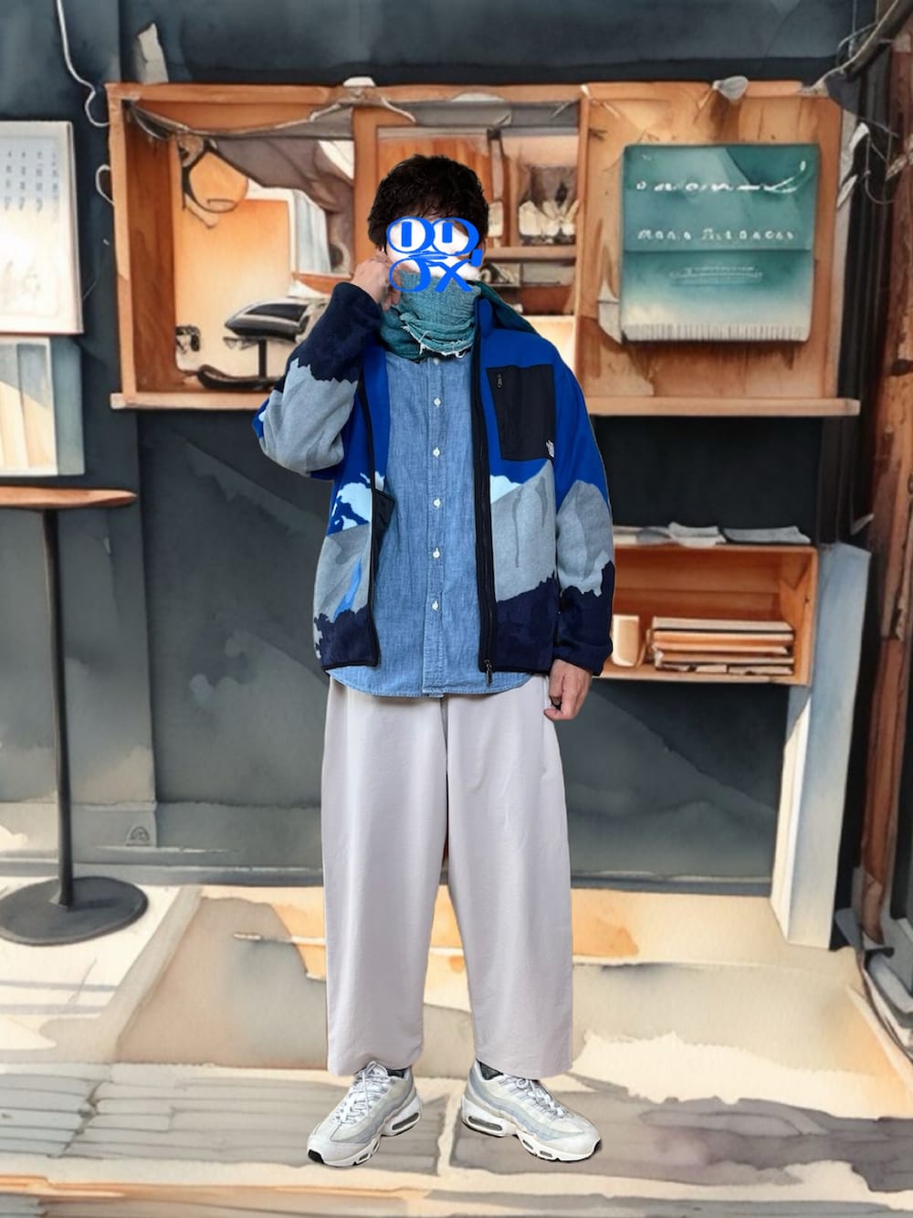 ブルー系のシャツ/ブラウス、ブルー系のジャケット/アウター、ホワイト系のパンツを着用したメンズの春コーディネートの2枚目の写真