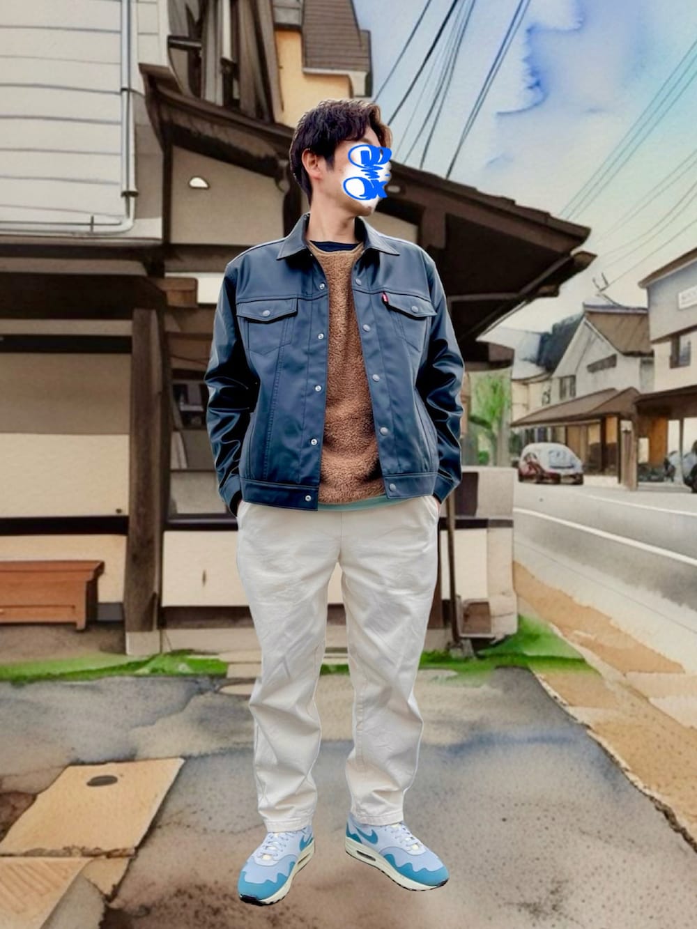 ブラック系のブルゾン、ベージュ系のトップス、ブルー系のトップスを着用したメンズの冬コーディネートの3枚目の写真