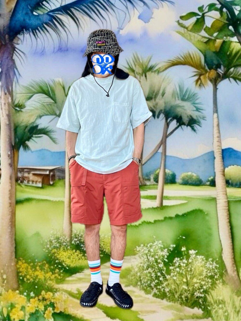ブラック系のシャツ/ブラウス、ブラック系のサンダル、ブルー系のTシャツ/カットソーを着用したメンズの夏コーディネートの3枚目の写真
