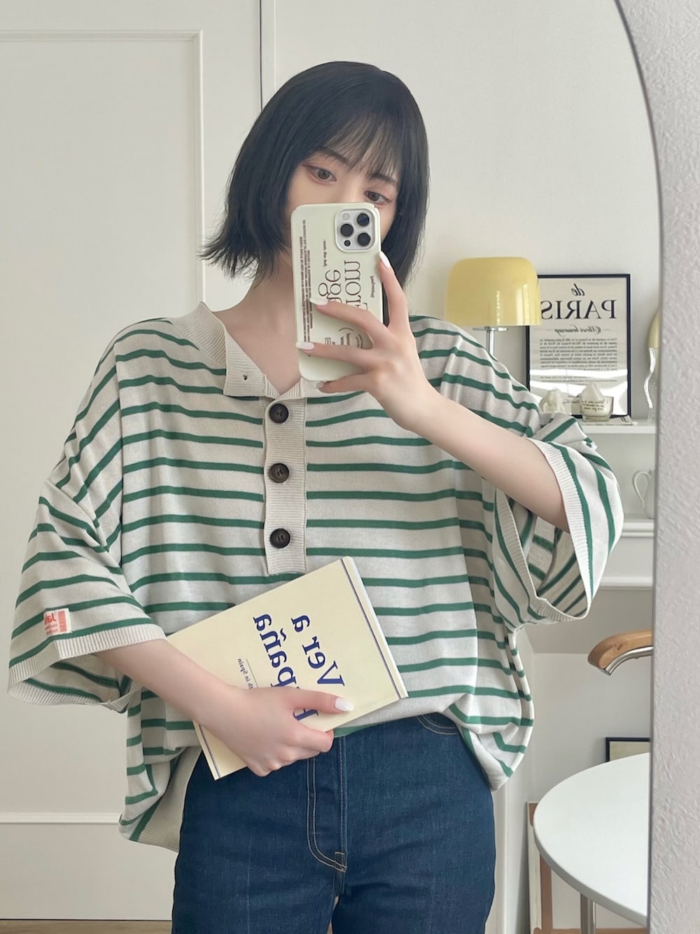 「ボーダー、ハイウエスト、スニーカー、カラーコーデ、コンバース、converse、デニム、休日スタイル、プチプラ、ストリート、ビッグシルエット、韓国ファッション、お出かけコーデ、アツいコーデ全部見せ、きれいめカジュアル」｜「Javaの《JaVa ジャバコラボ》さらっとお洒落。2wayヘンリーネックボーダーサマーニット（Tシャツ/カットソー、グリーン系）」を使った、T Λ Eさん（レディース・158cm）の夏コーディネートの2枚目の写真