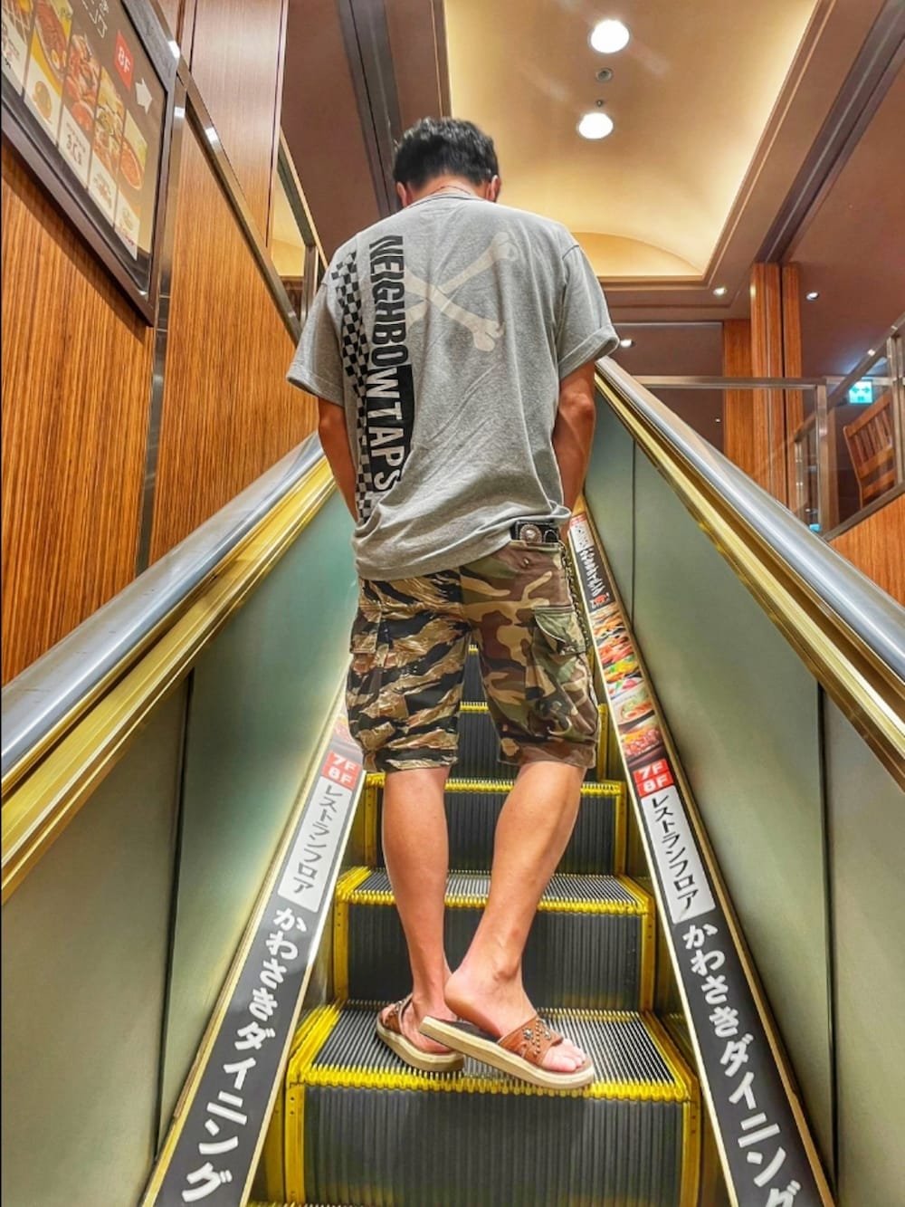 「wtaps、NEIGHBORHOOD、サンダル、HTC、カジュアルコーデ、Tシャツ、ハーフパンツ、オーバーサイズ、ビッグシルエット、オトナカジュアル、アメカジ、ラフコーデ」｜「WTAPSのアイテム（Tシャツ/カットソー、グレー系）」を使った、KOHさん（メンズ・172cm）の秋コーディネートの2枚目の写真