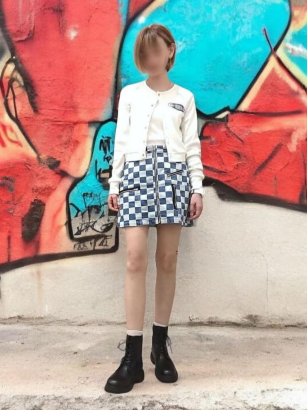 ブラック系のブーツ、ブルー系のスカート、ホワイト系のカーディガン/ボレロを着用したレディースの秋コーディネートの2枚目の写真